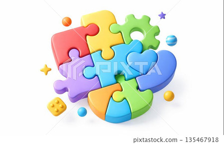 色彩繽紛的拼圖碎片－3D影像展現了多樣性與合作精神 135467918