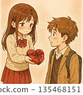 Schoolgirls giving chocolate on Valentine's Day 135468151