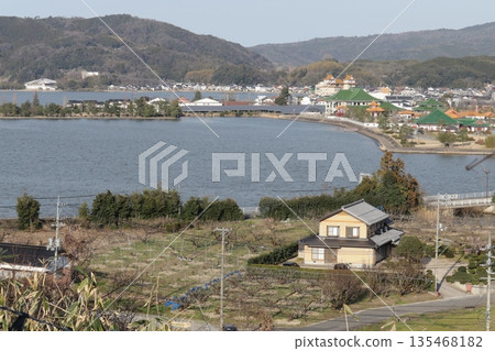 Togo Pond and the Chinese garden Enchoen, viewed from a hilltop in early spring 135468182