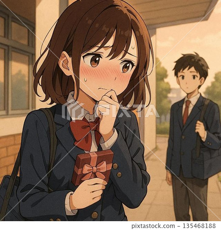 A high school girl is nervous about giving chocolate on Valentine's Day A high school girl is nervous about giving chocolate on Valentine's Day 135468188