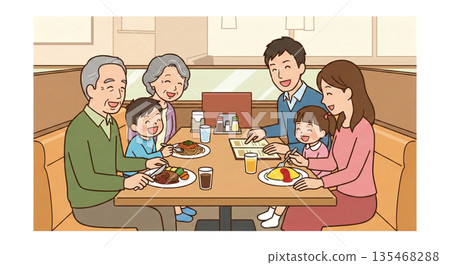 Three generations eating at a family restaurant 135468288