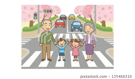牽著孫子的手穿過行人穿越道 牽著孫子的手穿過行人穿越道 135468310