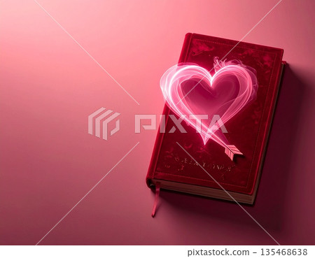 A red book with a shining heart and arrow, representing the magic of love. 135468638