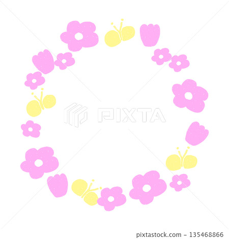 可愛的粉紅色花朵和蝴蝶花環邊框 - 圓形,透明背景 可愛的粉紅色花朵和蝴蝶花環邊框 - 圓形,透明背景 135468866