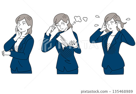 Illustration set of female business people who are worried, thinking, and holding their heads 135468989