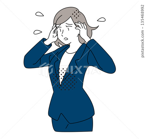 Illustration of a worried female business person holding her head 135468992