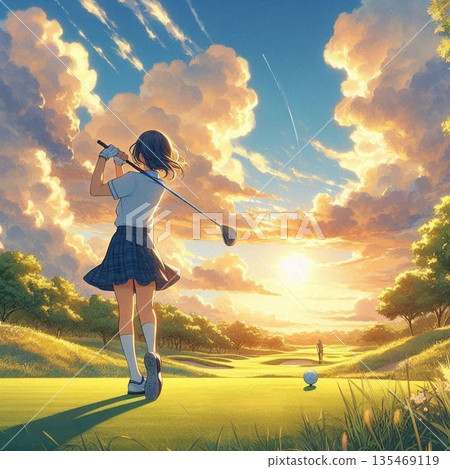 美麗的女人在打高爾夫球，女孩在打高爾夫球 135469119