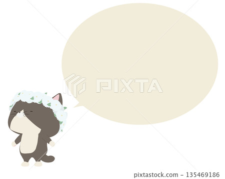A brown-haired cat wearing a flower crown. With speech bubble. 135469186