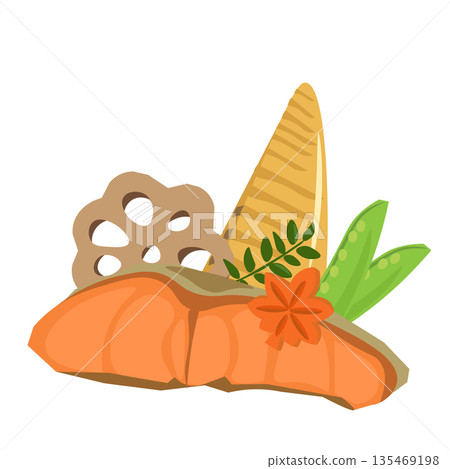 Illustration of grilled salmon and simmered dishes inspired by Japanese cuisine Illustration of grilled salmon and simmered dishes inspired by Japanese cuisine 135469198