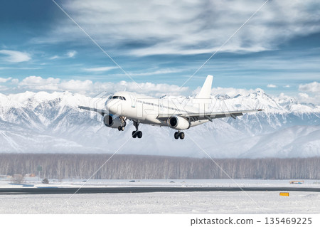 White passenger plane landing at winter airport on the background of high snow capped mountains 135469225