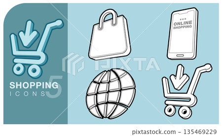 Collection of monochrome line art vector icons representing online shopping and global commerce. Features include a shopping cart add to cart, shopping bag, smartphone, and worldwide shipping. 135469229
