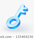 3D icon of a glossy, glass blue and white key, symbolizing security, access, digital privacy, cryptography or a solution for unlocking success. Vector illustration. 135469230