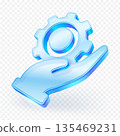3D glass icon of a human hand holding a cogwheel. Concept for customer service, settings, maintenance, solution, support or technological assistance. Vector illustration. 135469231