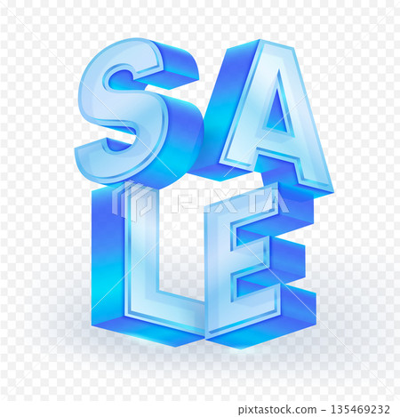 Shiny 3D blue glass SALE text design on a transparent background. Modern, bold promotional typography suitable for advertising, marketing banners and discount campaigns. Vector illustration. Shiny 3D blue glass SALE text design on a transparent background. Modern, bold promotional typography suitable for advertising, marketing banners and discount campaigns. Vector illustration. 135469232