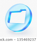 Modern 3D glass style folder icon button inside a circular frame. Glossy transparent design for file, document, storage, app, and technology concepts. Vector illustration. 135469237