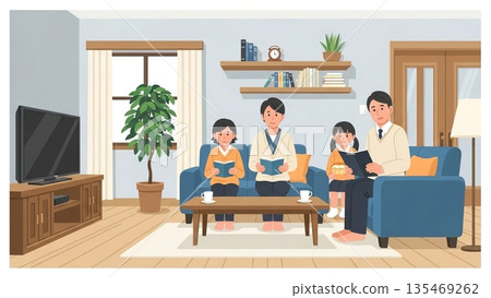 一家人在客廳一起享受閱讀的樂趣 一家人在客廳一起享受閱讀的樂趣 135469262