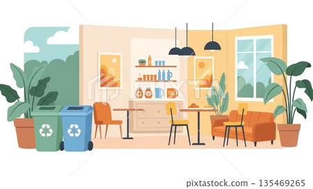 Eco-friendly cafe and recycling bins 135469265