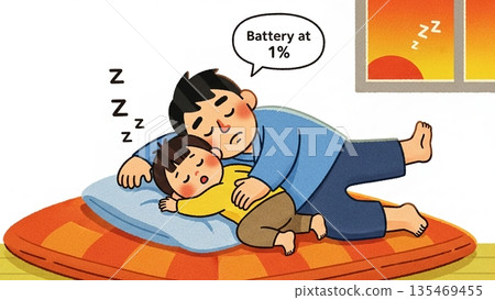 The battery is about to run out. Dad and his child are sleeping peacefully. 135469455