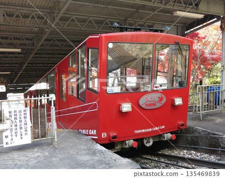 筑波山宮脅站的紅葉纜車裝飾著秋葉。 135469839