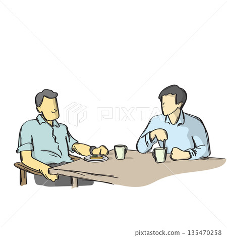 two men talking on table with cake and coffee illustration vector sketch with black lines 135470258