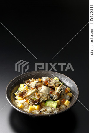 Oyster chirashi sushi photographed against a black background 135470311