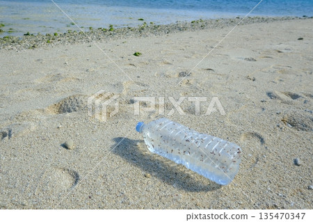 一個裝有貝殼的塑膠瓶被沖上了海灘。 一個裝有貝殼的塑膠瓶被沖上了海灘。 135470347