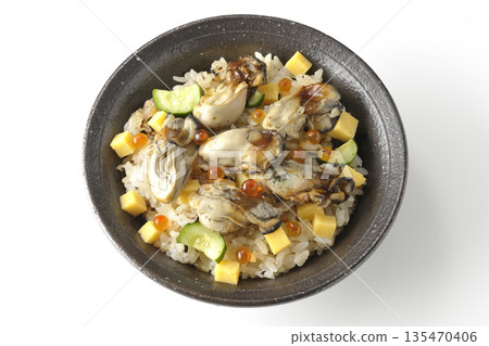 Oyster chirashi sushi photographed on a white background Oyster chirashi sushi photographed on a white background 135470406