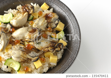 Oyster chirashi sushi photographed on a white background Oyster chirashi sushi photographed on a white background 135470411