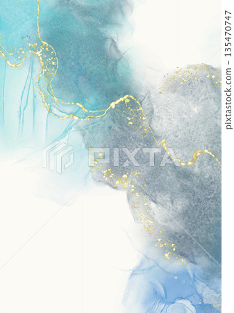 Blue Watercolor Abstract with Gold Accents vector 135470747