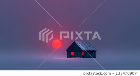 Snowy cabin tranquility, Frozen landscape with glowing sunset, Silent snowy cabin beneath pink sunset. Lonelines Snowy cabin tranquility, Frozen landscape with glowing sunset, Silent snowy cabin beneath pink sunset. Lonelines 135470907