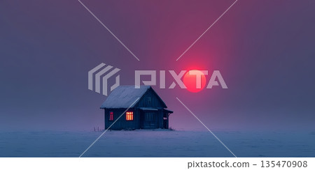Snowy cabin tranquility, Frozen landscape with glowing sunset, Silent snowy cabin beneath pink sunset. Lonelines Snowy cabin tranquility, Frozen landscape with glowing sunset, Silent snowy cabin beneath pink sunset. Lonelines 135470908