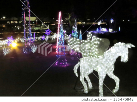 Unicorn illuminations at Marigold Hill Park in Honjo City 135470942