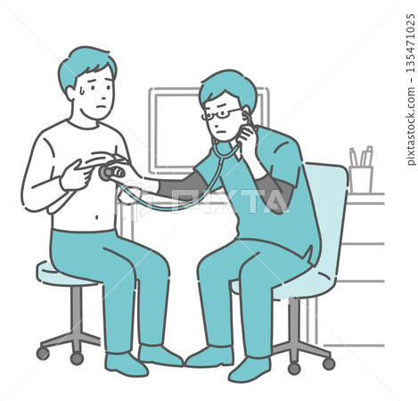 Illustration of a sweaty male patient receiving auscultation and a doctor with a serious expression 135471025