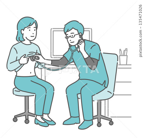 Illustration of a male doctor wearing a scrub auscultating and examining a female patient 135471026