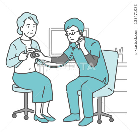 Illustration of auscultation and internal medicine examination of an elderly woman by a male doctor wearing a scrub Illustration of auscultation and internal medicine examination of an elderly woman by a male doctor wearing a scrub 135471028