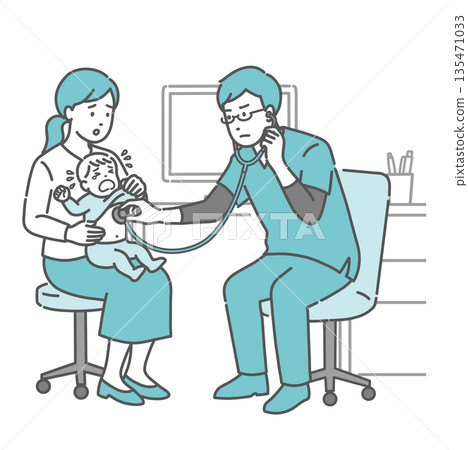Illustration of a crying baby and a worried mother and doctor during auscultation 135471033
