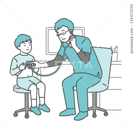 Illustration of a pediatric examination of a boy by a male doctor wearing a scrub 135471034