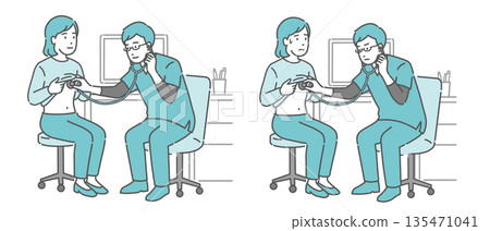 Illustration set of auscultation of a female patient by a male doctor wearing a scrub (normal, abnormal, unwell) Illustration set of auscultation of a female patient by a male doctor wearing a scrub (normal, abnormal, unwell) 135471041