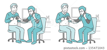 一組插圖，描繪了一位身穿手術服的男醫生為一位老年男性進行聽診（正常、異常、不適） 135471043