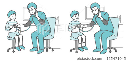 Illustration set of a boy's auscultation by a male doctor wearing a scrub (normal, abnormal, unwell) Illustration set of a boy's auscultation by a male doctor wearing a scrub (normal, abnormal, unwell) 135471045