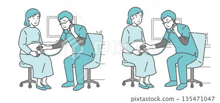 Illustration set of abdominal auscultation of a pregnant woman by a male doctor wearing a scrub (normal, abnormal, unwell) 135471047