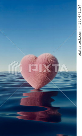 surreal fluffy pink heart soft, fur-like texture floating above a rippling dark blue liquid surface. cotton candy-like fibers catching gentle highlights, glossy blue surface like mirror surreal fluffy pink heart soft, fur-like texture floating above a rippling dark blue liquid surface. cotton candy-like fibers catching gentle highlights, glossy blue surface like mirror 135471154