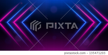 Futuristic arrow blue and pink neon hi speed on dark background. Futuristic arrow blue and pink neon hi speed on dark background. 135471203