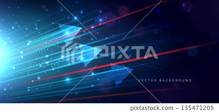 Abstract blue glowing arrow lines with decor bokeh and sparkle on dark background. 135471205
