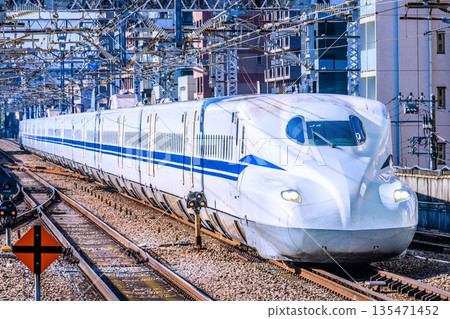 Yokohama cityscape in Japan: Inbound tourism continues... View of the Shinkansen (N700S, front car) approaching Shin-Yokohama Station 135471452