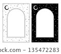 A set of arched frames and decorative borders with a night sky motif featuring a crescent moon and scattered stars A set of arched frames and decorative borders with a night sky motif featuring a crescent moon and scattered stars 135472283