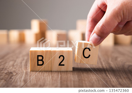 Hand placing c block completing b2c concept Hand placing c block completing b2c concept 135472360