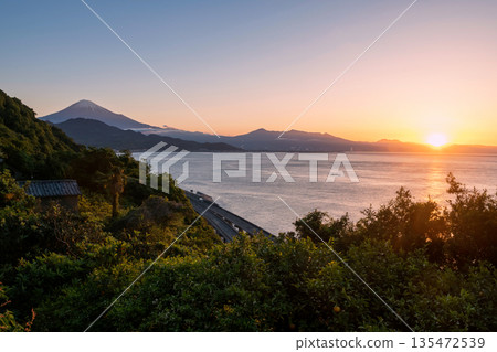 Mt. Fuji and street by bay view from Satta Toge pass at sunrise, Shimizu Mt. Fuji and street by bay view from Satta Toge pass at sunrise, Shimizu 135472539