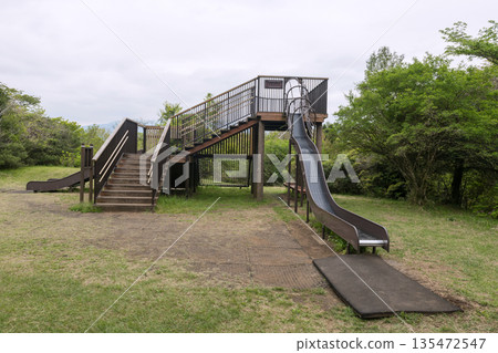 Kid Playground play outdoor with nature tree and heavy fog 135472547