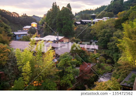 Top view of Ryokan of Kurokawa onsen in fall at sunset, Kumamoto 135472562